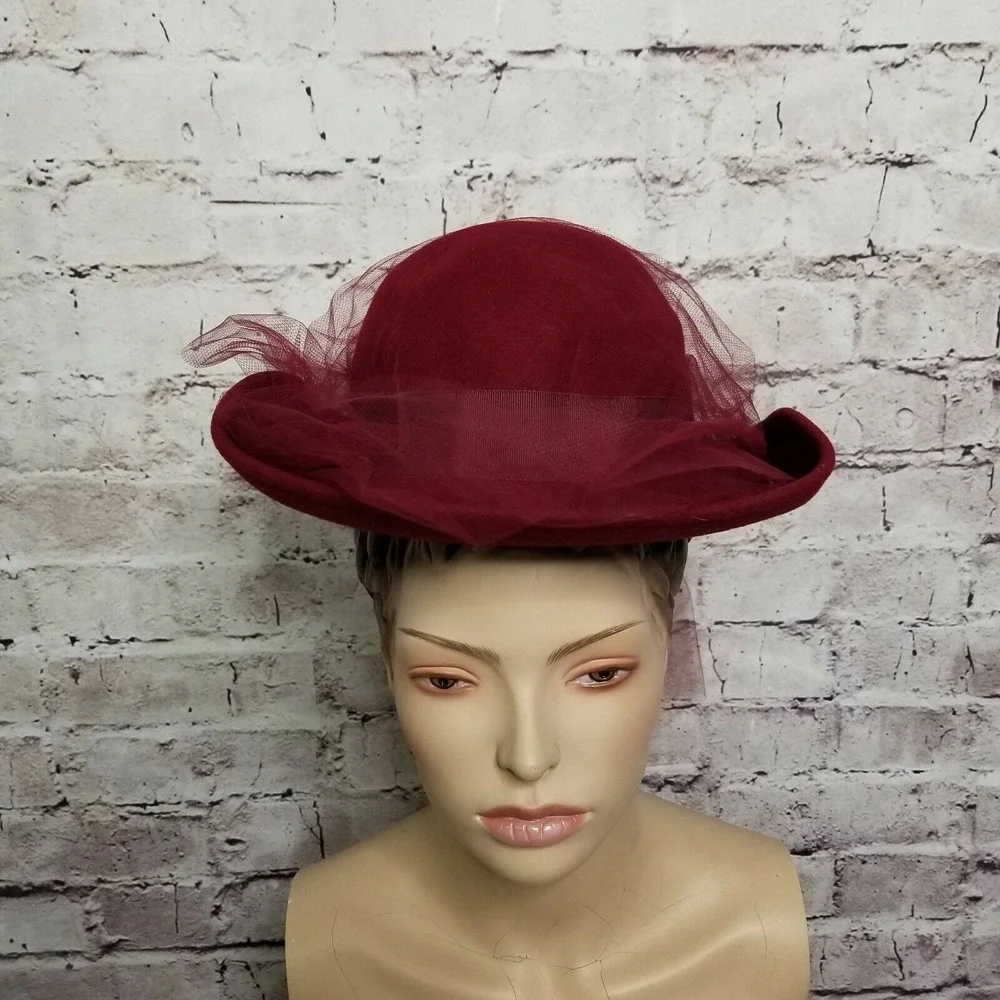 Vintage Michael Howard Maroon‎ Red Wool Hat Veil Church Derby Formal Wide Brim